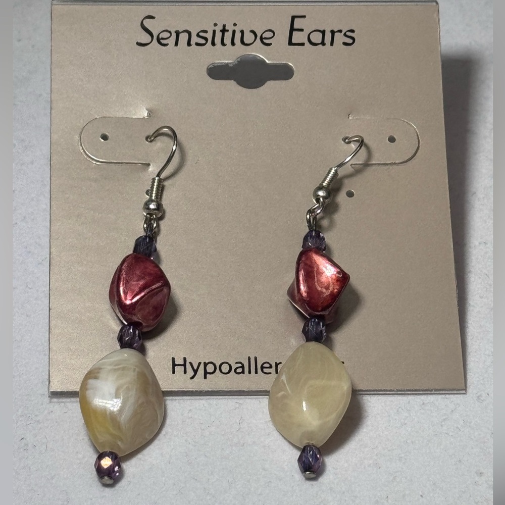 Sensitive Ears Faux Stone Bead Dangling Hook Earrings 2.25 inch